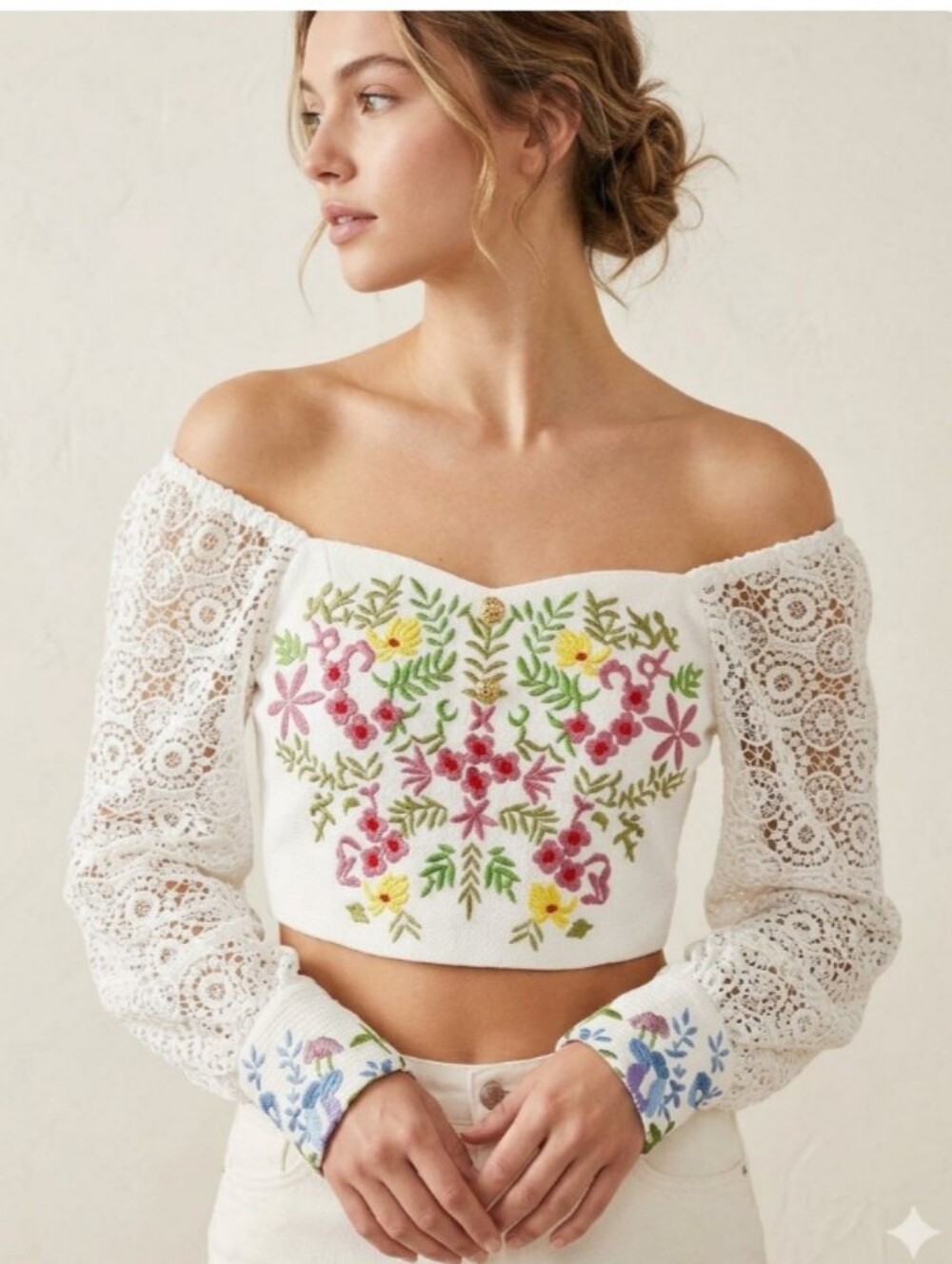 White Lace Off-Shoulder Crop Top with Floral Embroidery Sz Lg